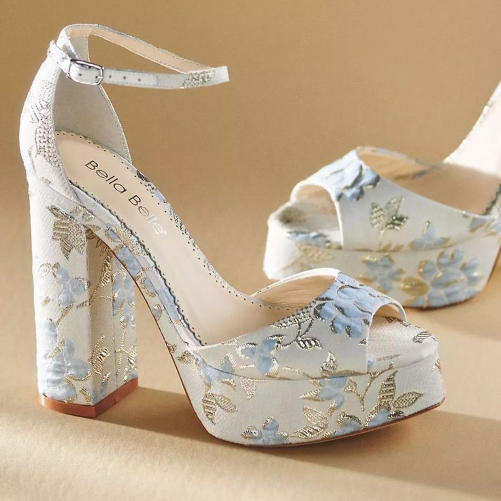 BNIB Bella Belle - Catarina Blue Floral Jacquard Platform Bridal Sandals